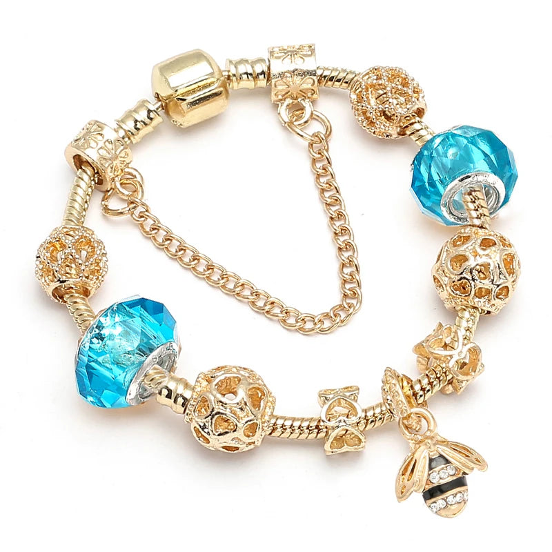 Luxury Crystal Bees Gold Color Charm Bracelet For Girl Murano Glass Beads Fine Bracelet For Women Couple DIY Jewelry Gift-Dollar Bargains Online Shopping Australia