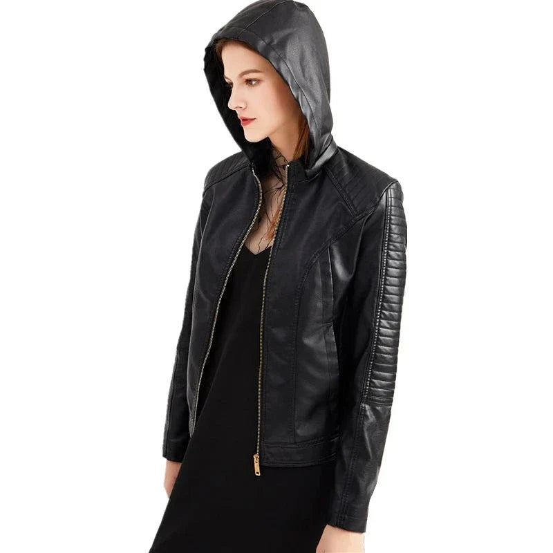 Fleece Hooded Leather Jacket Women's Trim Motorcycle Women Coat Zipper Switch Tops Red Khaki Grey-Dollar Bargains Online Shopping Australia