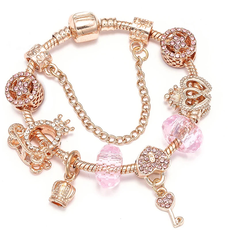 Heart & Key Pendant Rose Gold Color Fine Bracelets & Bangles Ferris Wheel Beads Charm Bracelet For Women Jewelry Gift-Dollar Bargains Online Shopping Australia