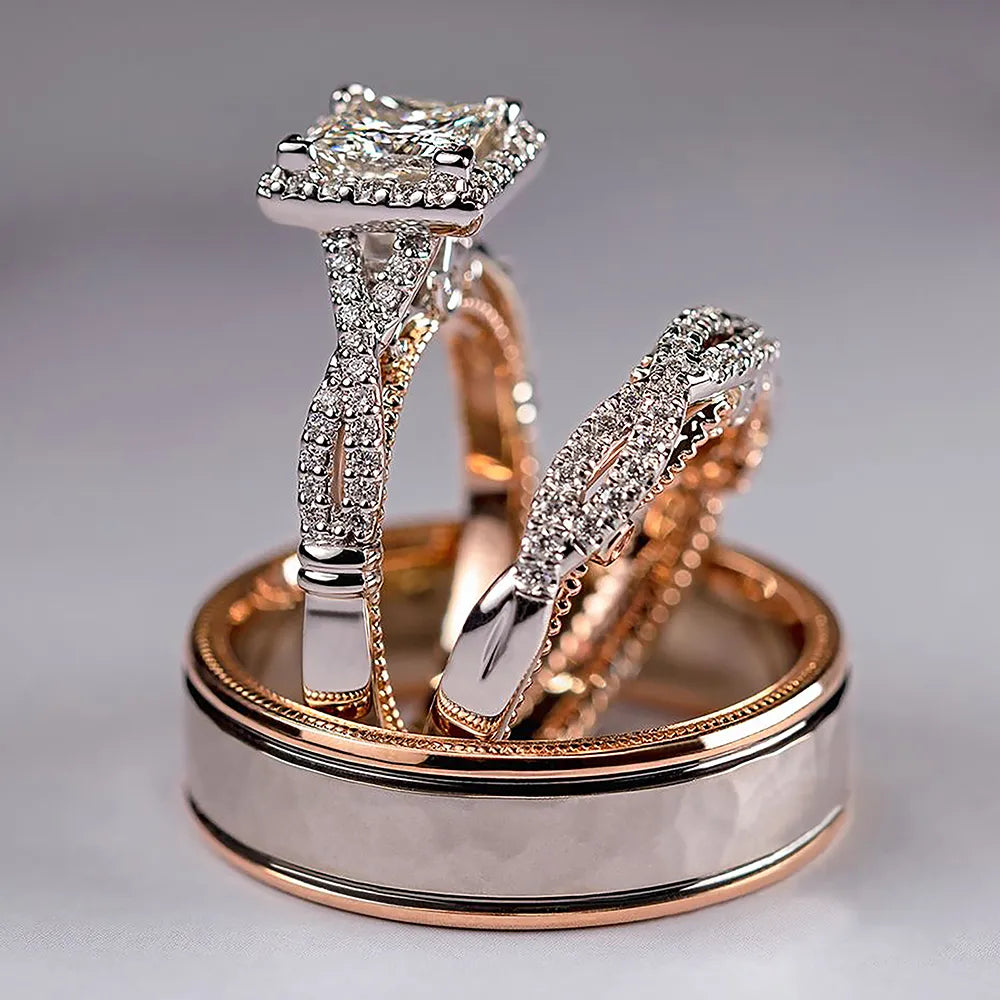 Luxury Princess Cut Cubic Zircon Bridal Marriage Set Rings Elegant Accessories Brilliant Women Men Wedding Trendy Jewelry-Dollar Bargains Online Shopping Australia