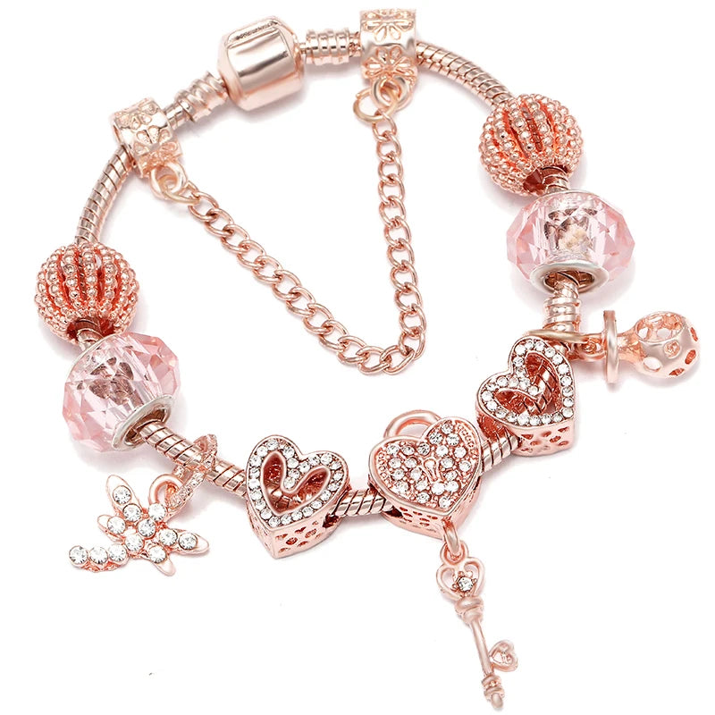 Heart & Key Pendant Rose Gold Color Fine Bracelets & Bangles Ferris Wheel Beads Charm Bracelet For Women Jewelry Gift-Dollar Bargains Online Shopping Australia