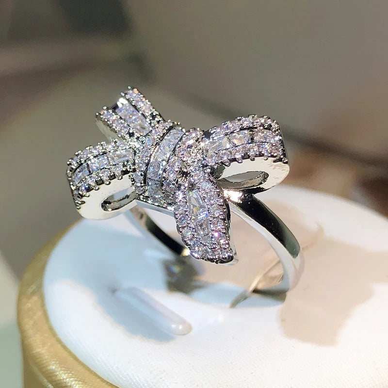 925 Silver Color Bowknot Bow Knot Bling Zircon Stone Rings for Women Fashion Wedding Engagement Jewelry-Dollar Bargains Online Shopping Australia