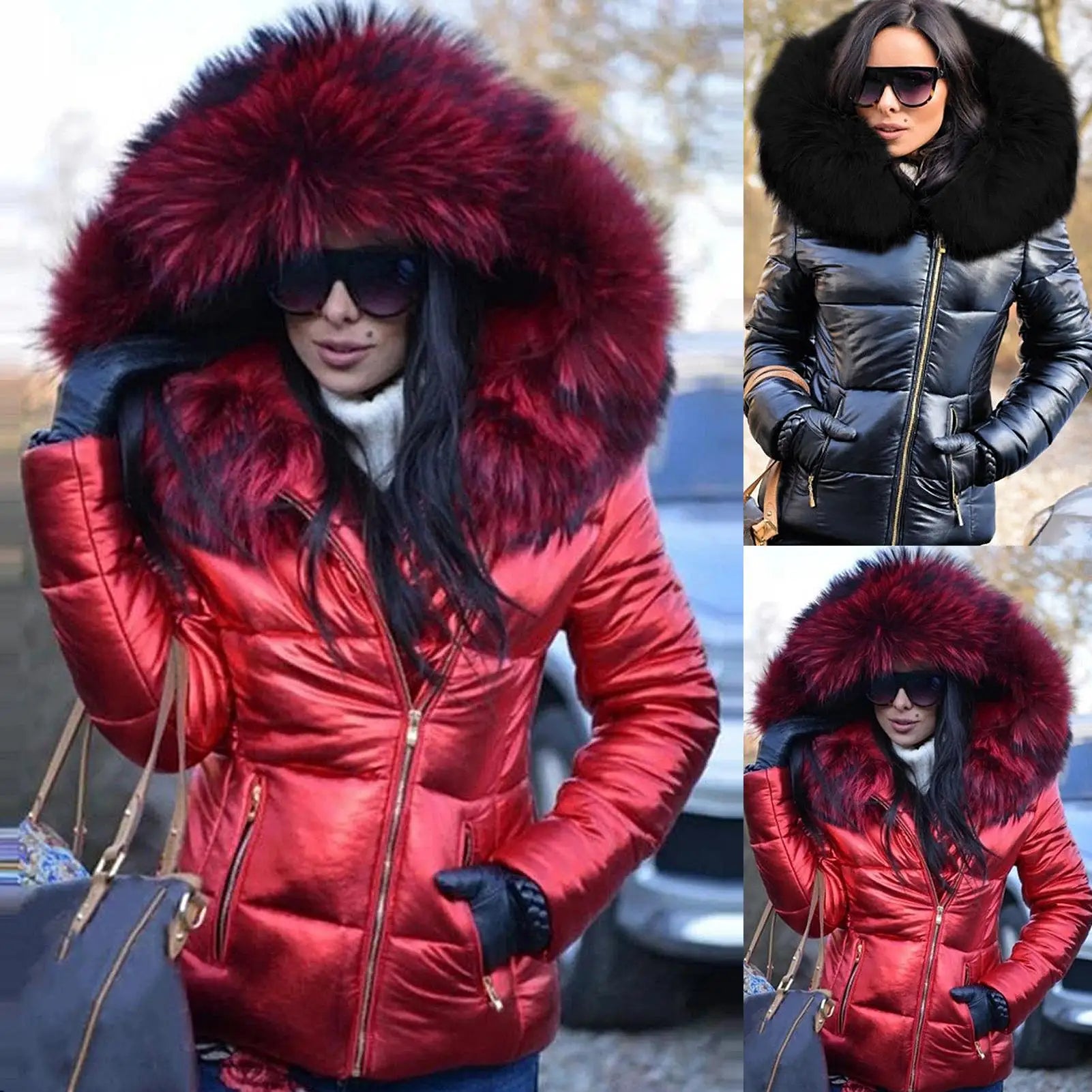 Winter Down Clothes Faux Fur Hood Zipper Pocket Warm Parkas Jackets Woman Outdoor-Dollar Bargains Online Shopping Australia