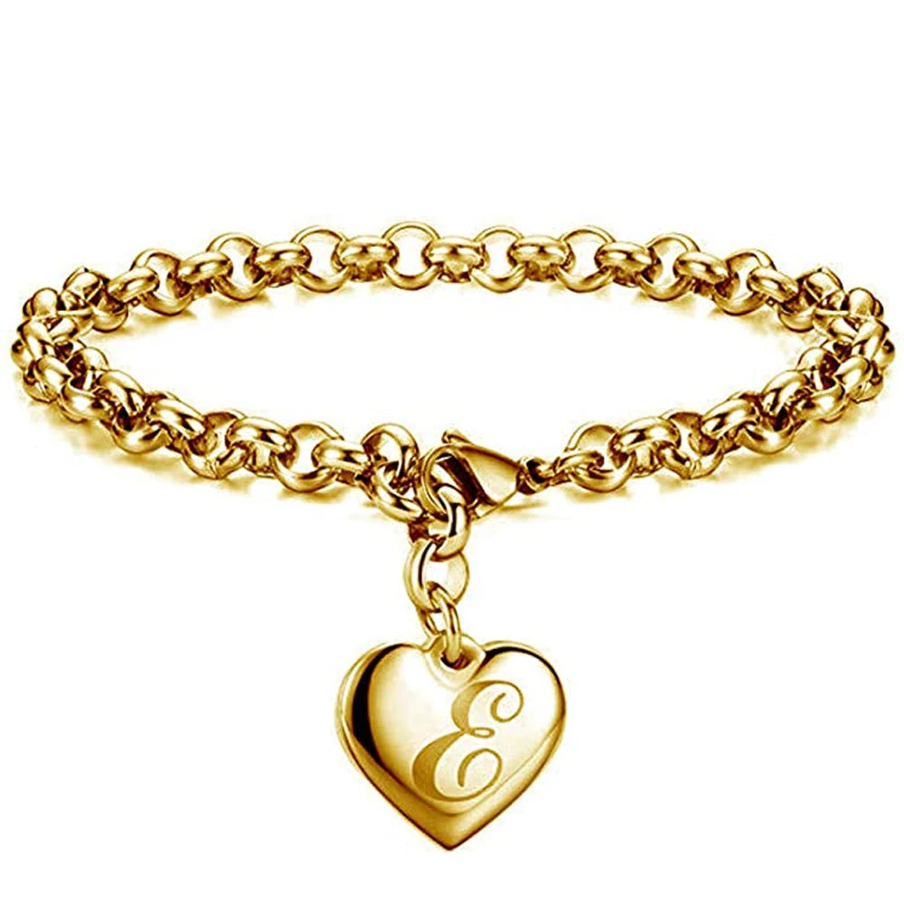 Initial Charm Gold-Color Bracelets Stainless Steel Heart 26 Letters Alphabet Bracelet for Women Girls Kids Gifts-Dollar Bargains Online Shopping Australia