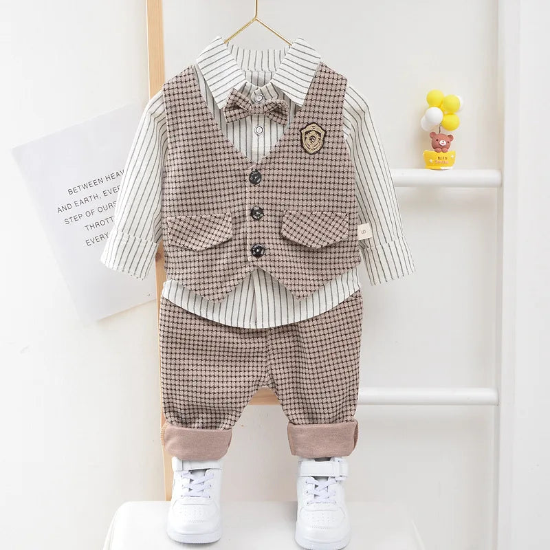 Children Kids Gentleman Clothing Suit Birthday Wedding Party Elegant Set Baby Boy Casual Wear Striped Shirt Vest Pants Costume-Dollar Bargains Online Shopping Australia