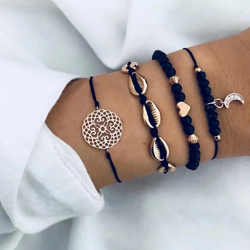 Bohemian Black Rope Chain Bracelet Set For Women aircraft Shell Moon Heart crystal Charm Bangle Boho Jewelry-Dollar Bargains Online Shopping Australia