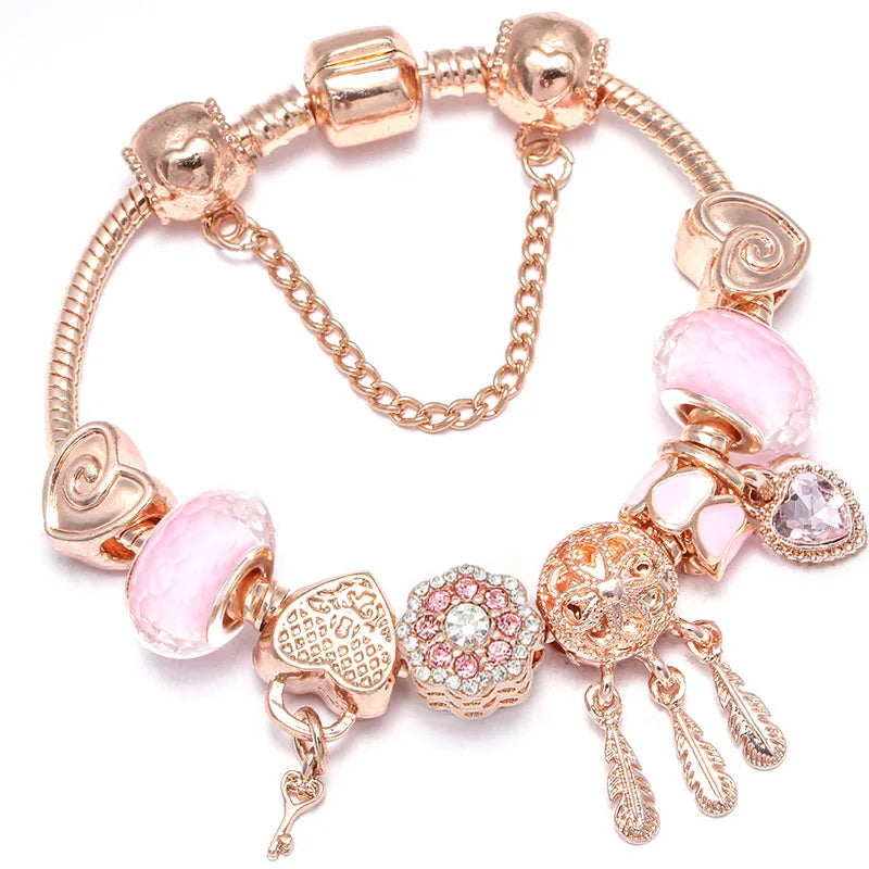 Heart & Key Pendant Rose Gold Color Fine Bracelets & Bangles Ferris Wheel Beads Charm Bracelet For Women Jewelry Gift-Dollar Bargains Online Shopping Australia