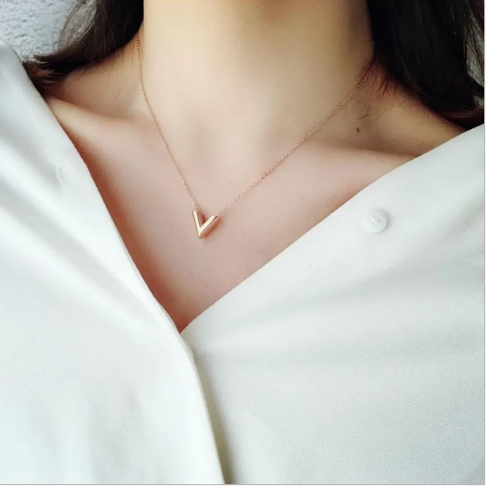 V Letter Pendant Necklace For Woman Stainless Steel Women Necklace Luxury Jewelry Female Costume Accessories-Dollar Bargains Online Shopping Australia