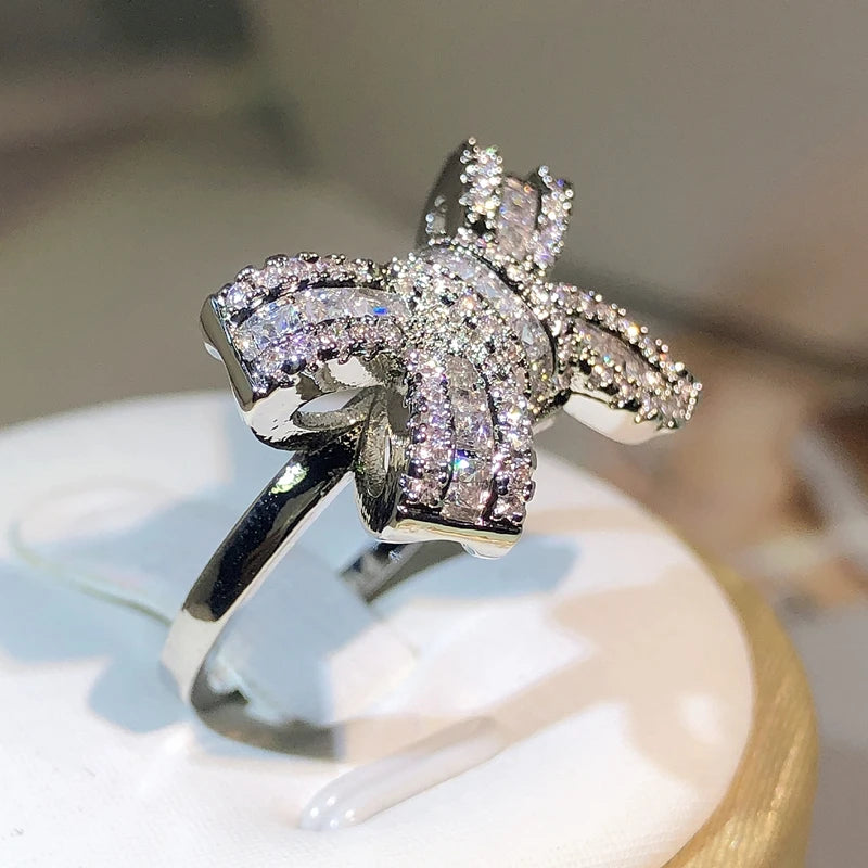 925 Silver Color Bowknot Bow Knot Bling Zircon Stone Rings for Women Fashion Wedding Engagement Jewelry-Dollar Bargains Online Shopping Australia