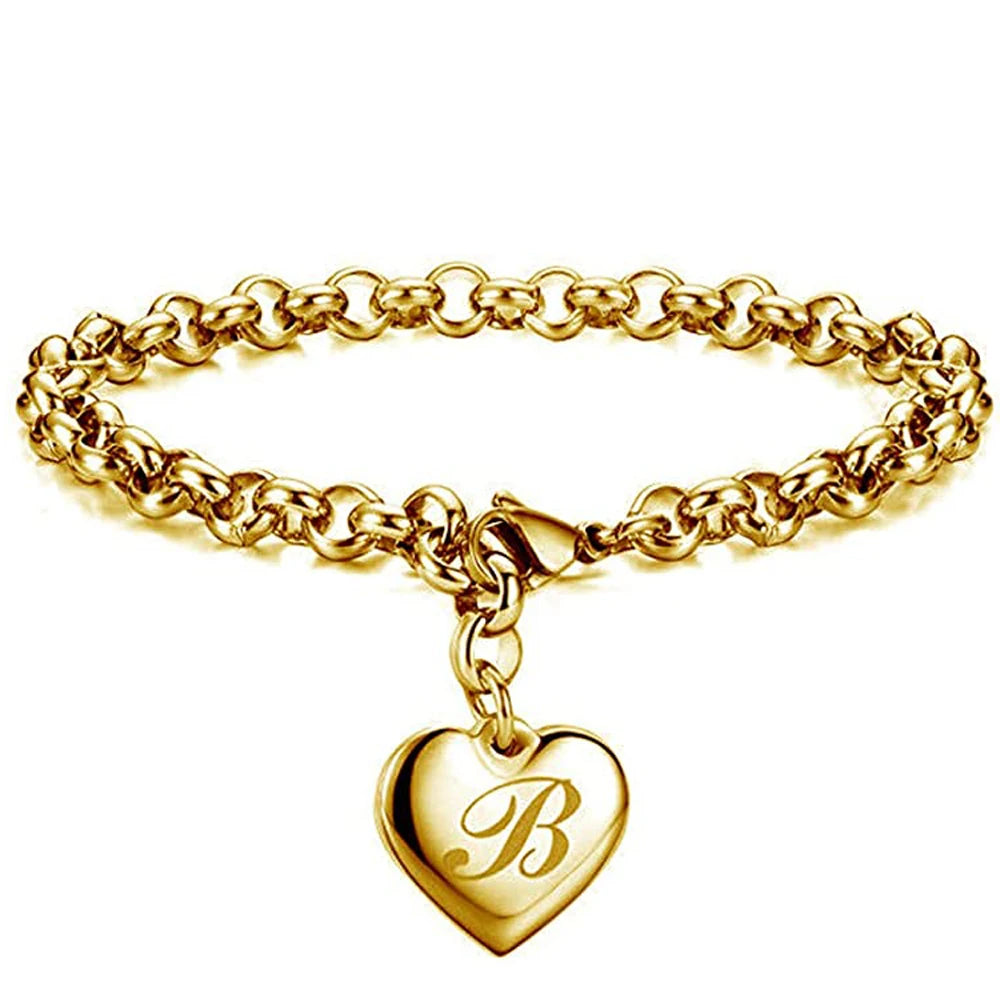 Initial Charm Gold-Color Bracelets Stainless Steel Heart 26 Letters Alphabet Bracelet for Women Girls Kids Gifts-Dollar Bargains Online Shopping Australia