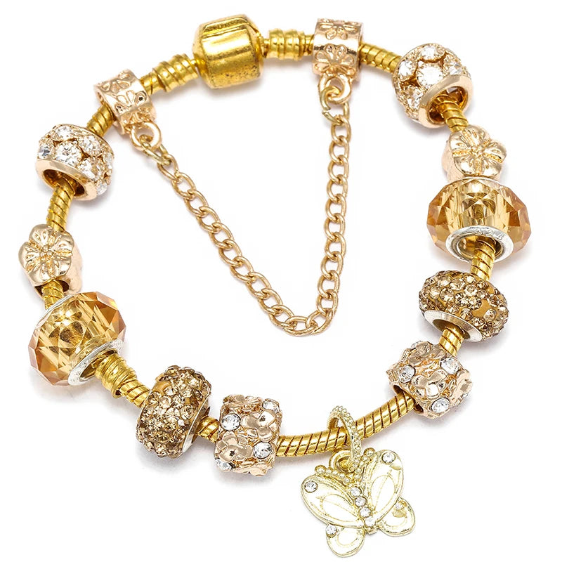 Luxury Crystal Bees Gold Color Charm Bracelet For Girl Murano Glass Beads Fine Bracelet For Women Couple DIY Jewelry Gift-Dollar Bargains Online Shopping Australia