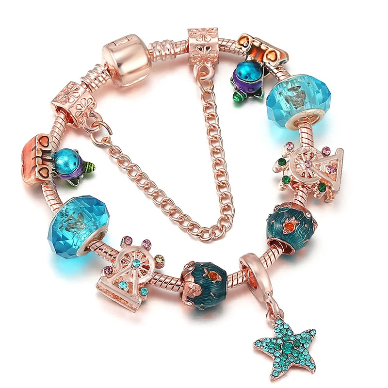 Heart & Key Pendant Rose Gold Color Fine Bracelets & Bangles Ferris Wheel Beads Charm Bracelet For Women Jewelry Gift-Dollar Bargains Online Shopping Australia