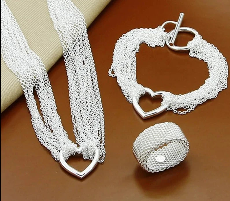 Silver Multi-Line Chain Heart Necklace Bracelet Network Ring For Women Wedding Engagement Party Jewelry-Dollar Bargains Online Shopping Australia