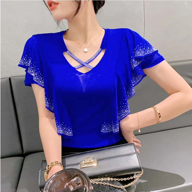 Women's T-Shirt Fashion Casual V-Neck Hollow Out Hot Diamonds Tees Female Ruffled Short Sleeved Mesh Tops-Dollar Bargains Online Shopping Australia