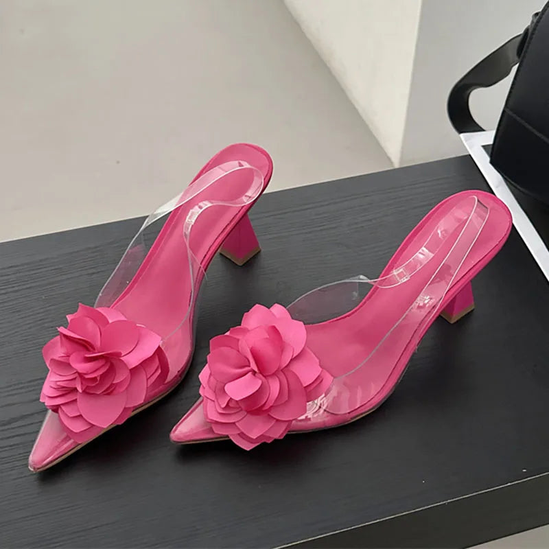 Women's Silk Flower Decorative Single Shoes Transparent PVC Pointed Slingbacks High Heels Party Dress-Dollar Bargains Online Shopping Australia