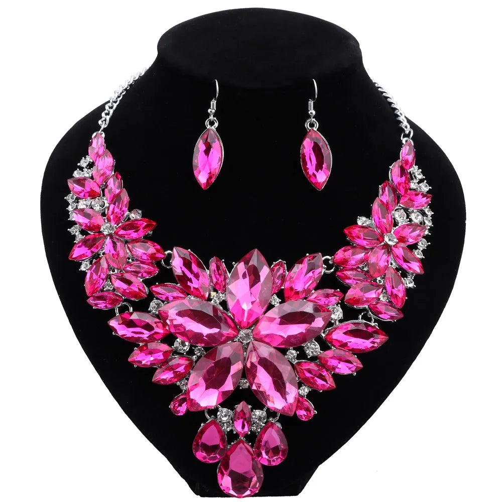 Fashion Pink Flowers Bridal Wedding Party Prom Costume Jewelry Sets Indian Necklace Earrings Sets for Brides Bridesmaids-Dollar Bargains Online Shopping Australia