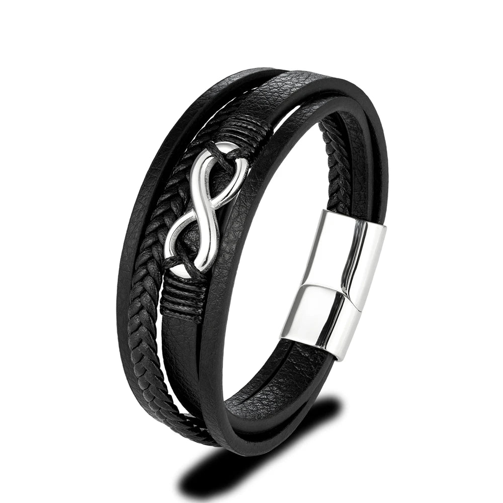 Classic Men Infinity Bracelet Woven Multilayer Braided Leather Bracelets For Women Black Stainless Steel Jewelry Gifts-Dollar Bargains Online Shopping Australia