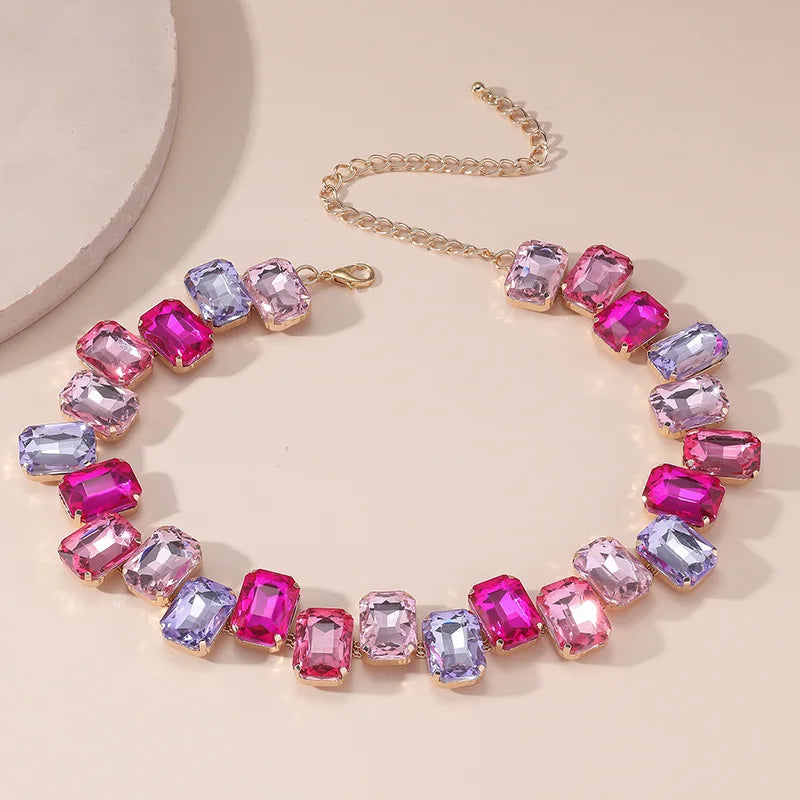 Square Pink Colorful Crystal Choker Necklaces for Women Geometric Clavicle Chain Necklaces Party Wedding Jewelry-Dollar Bargains Online Shopping Australia