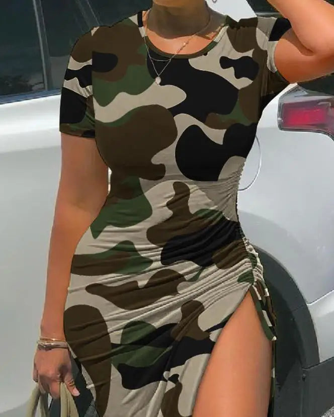 Women's Fashion Dress Camouflage Print Drawstring High Slit Dress Casual Round Neck Ruched Skinny Midi Skirt-Dollar Bargains Online Shopping Australia