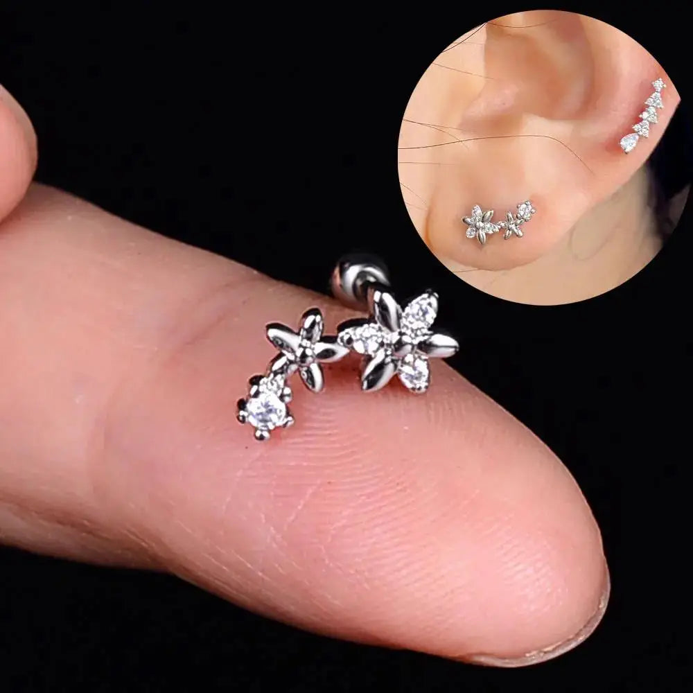 Flower Leaf Tragus Helix Piercing Studs Earrings Women Mini Crystal CZ Stainless Steel-Dollar Bargains Online Shopping Australia