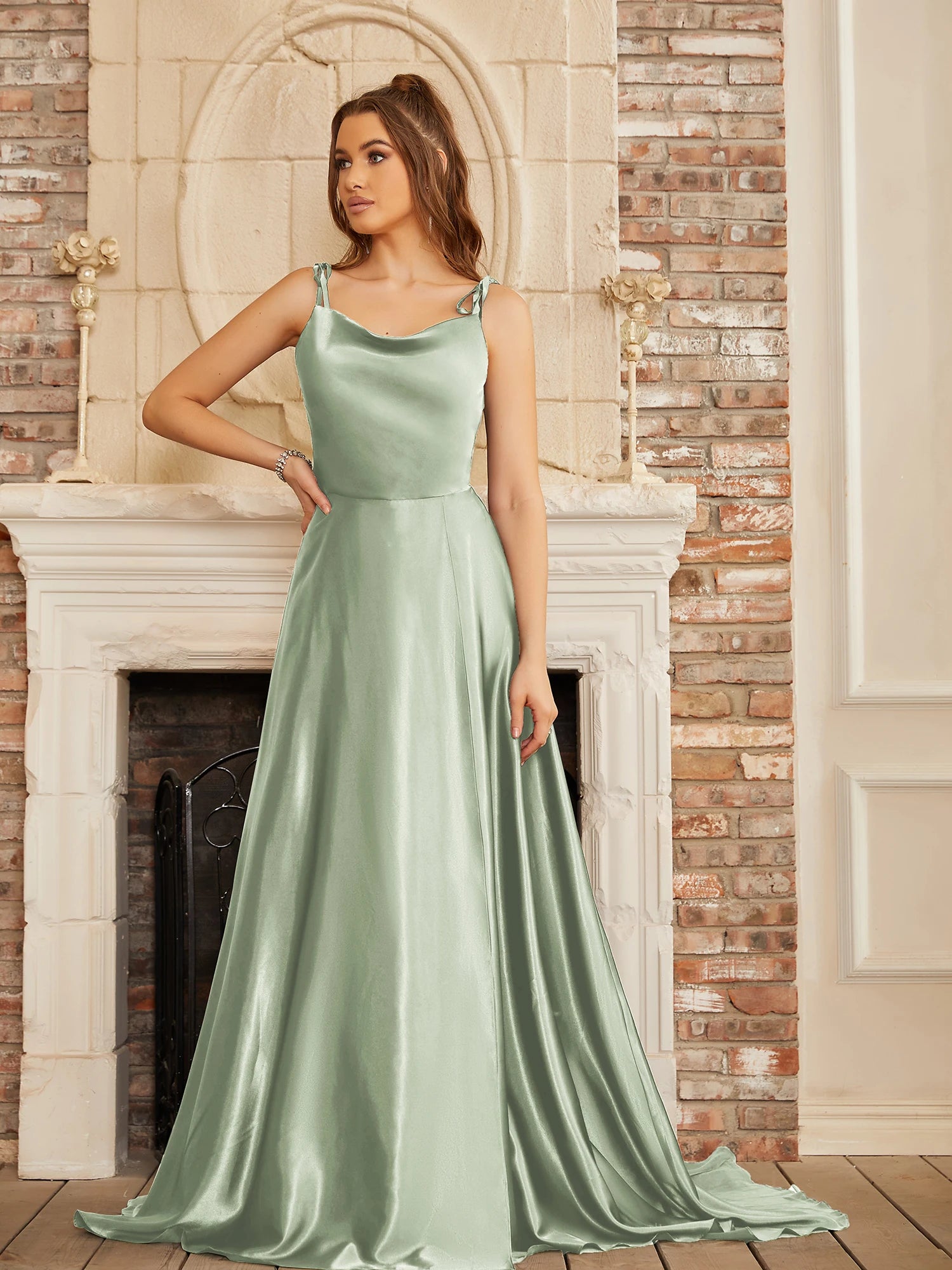 Soft Sliky Satin Bridesmaid Gown Cowl Neckline Thin Straps Leg Slit and Flowing A-line Skirt Women-Dollar Bargains Online Shopping Australia