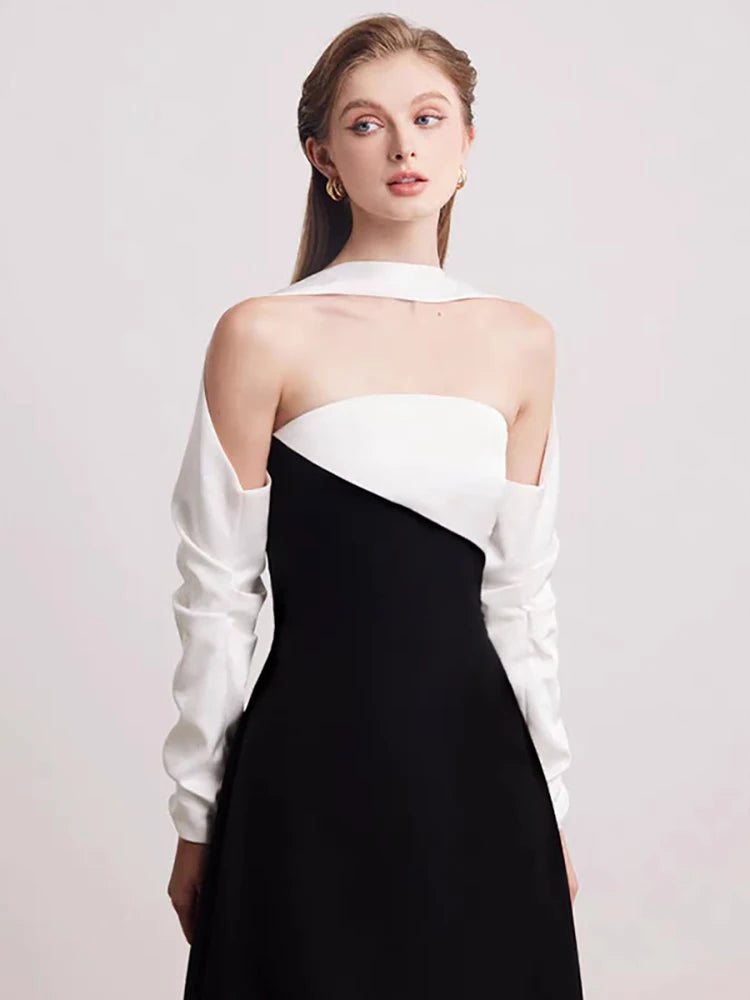 Elegant Dress Strapless Off Shoulder Contrast Color Asymmetric Women's Party Halter Dress-Dollar Bargains Online Shopping Australia