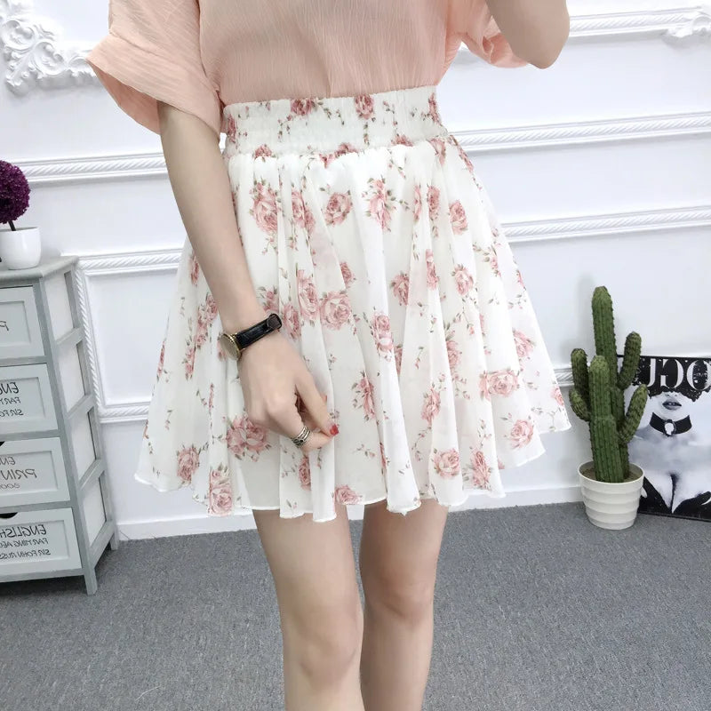 Women's skirt summer high waist printed chiffon pleated floral short skirt Safety one word floral mini skirt-Dollar Bargains Online Shopping Australia