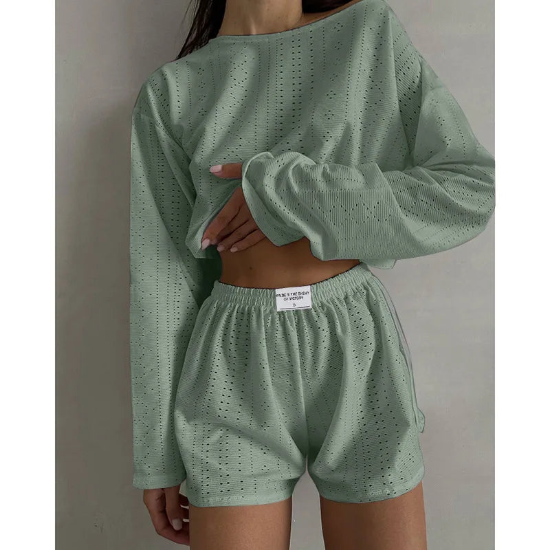 Women's Pajamas Set Spring Long Sleeve Tops With Shorts Sleepwear 2 Piece Set Loose Round Neck Home Wear Loungewear Pyjama Femme-Dollar Bargains Online Shopping Australia