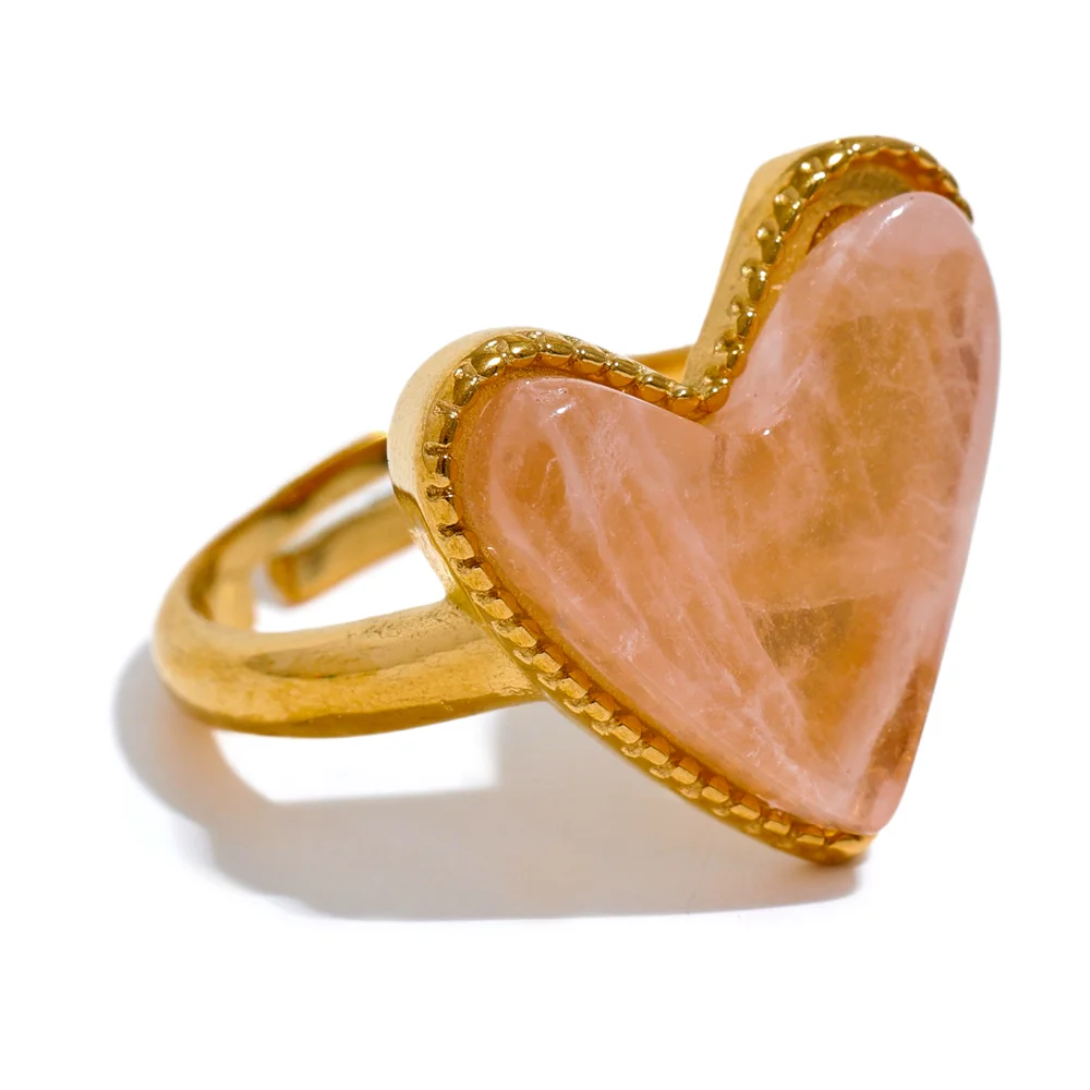 Candy Sweet Y2K Natural Stone Stainless Steel Heart Love Open Ring Adjustable Real Gold Plated Young Jewelry for Women-Dollar Bargains Online Shopping Australia