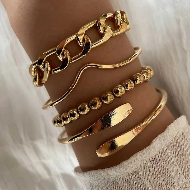 4pcs Punk Curb Cuban Chain Bracelets Set for Women Simple Thick Gold Color Charm Bracelets Fashion Jewelry Accessories New-Dollar Bargains Online Shopping Australia