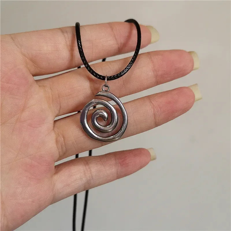 Vintage Goth 90s Silver Color Spiral Vortex Pendant Leather Rope Chain Necklace For Women Men Y2K Aesthetic Jewelry Accessories-Dollar Bargains Online Shopping Australia