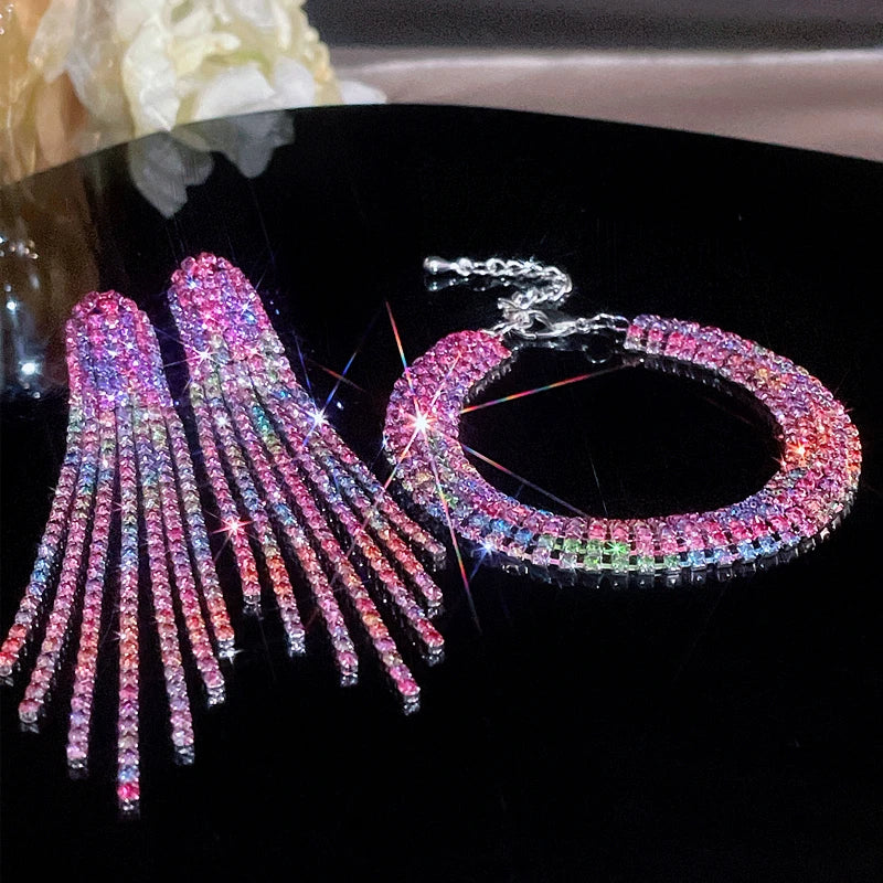 Luxury Crystal Bridal Jewelry Set Silver Plated Rhinestone Bracelet and Earrings Tassel-Dollar Bargains Online Shopping Australia