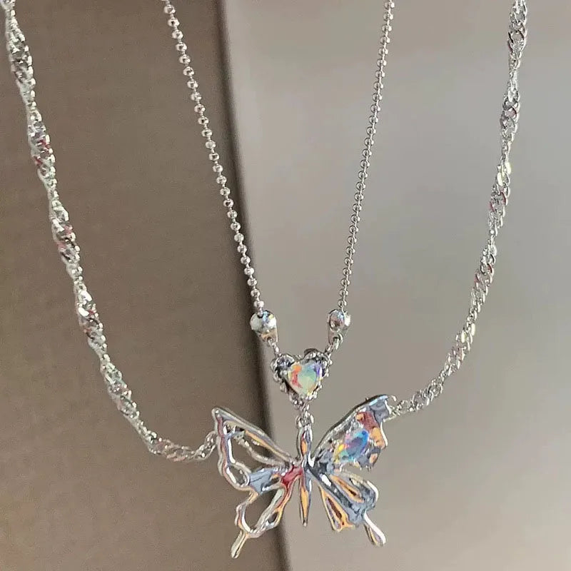 Kpop Y2K Aesthetic Butterfly Pendant Necklace for Women Hip Hop Vintage Double Chain Heart Necklaces Girls Gifts Jewelry-Dollar Bargains Online Shopping Australia