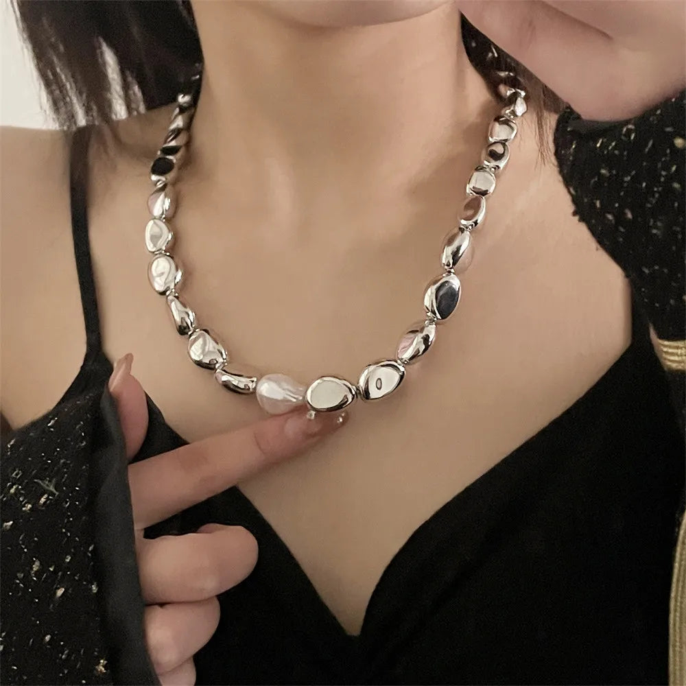 Vintage Silver-plate Geometric Exaggerated Artificial Pearl Chain Necklace For Women Female Fashion Boho Y2K Girl Jewelry Gift-Dollar Bargains Online Shopping Australia