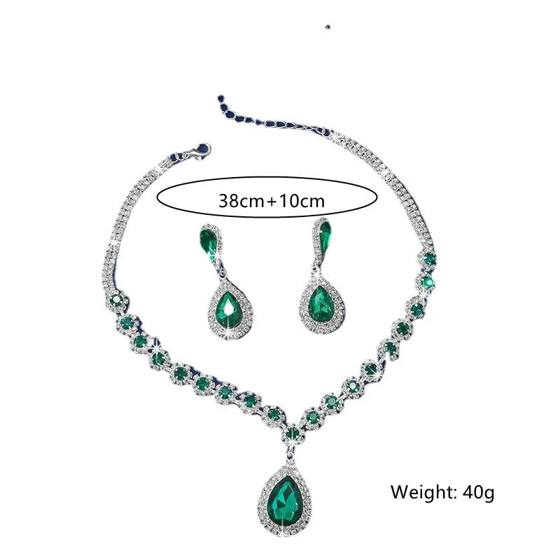 Luxury Red Green Blue Crystal Necklace Earrings For Women Water Drop Pendant Wedding Bride Jewelry Sets-Dollar Bargains Online Shopping Australia