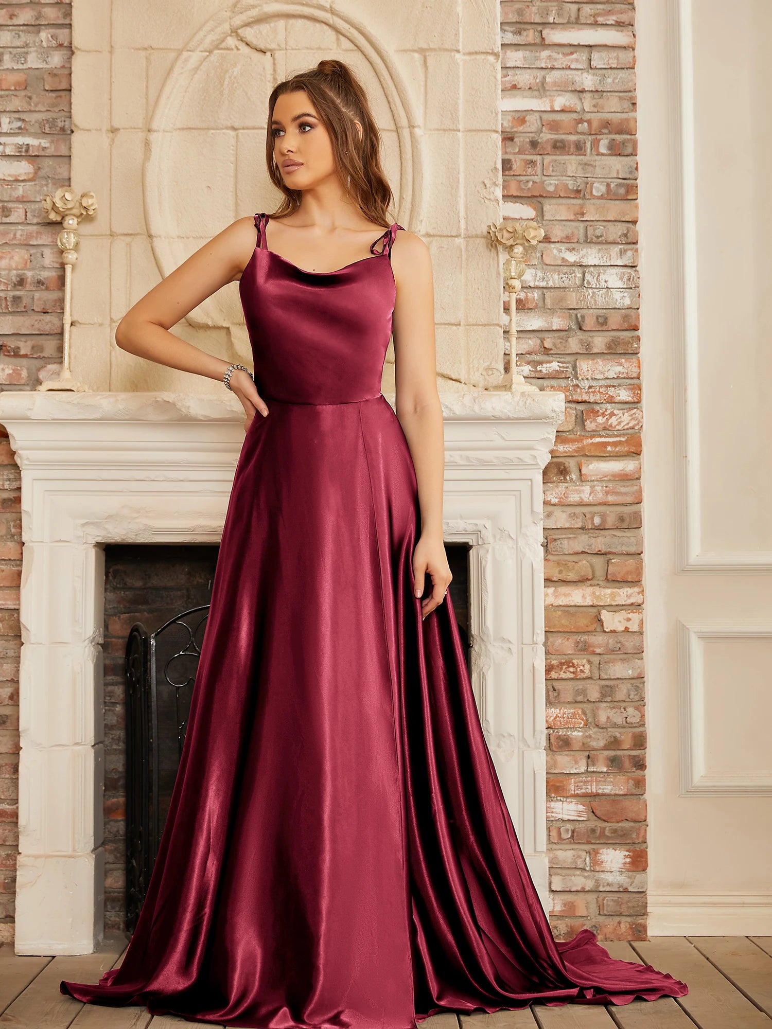 Soft Sliky Satin Bridesmaid Gown Cowl Neckline Thin Straps Leg Slit and Flowing A-line Skirt Women-Dollar Bargains Online Shopping Australia