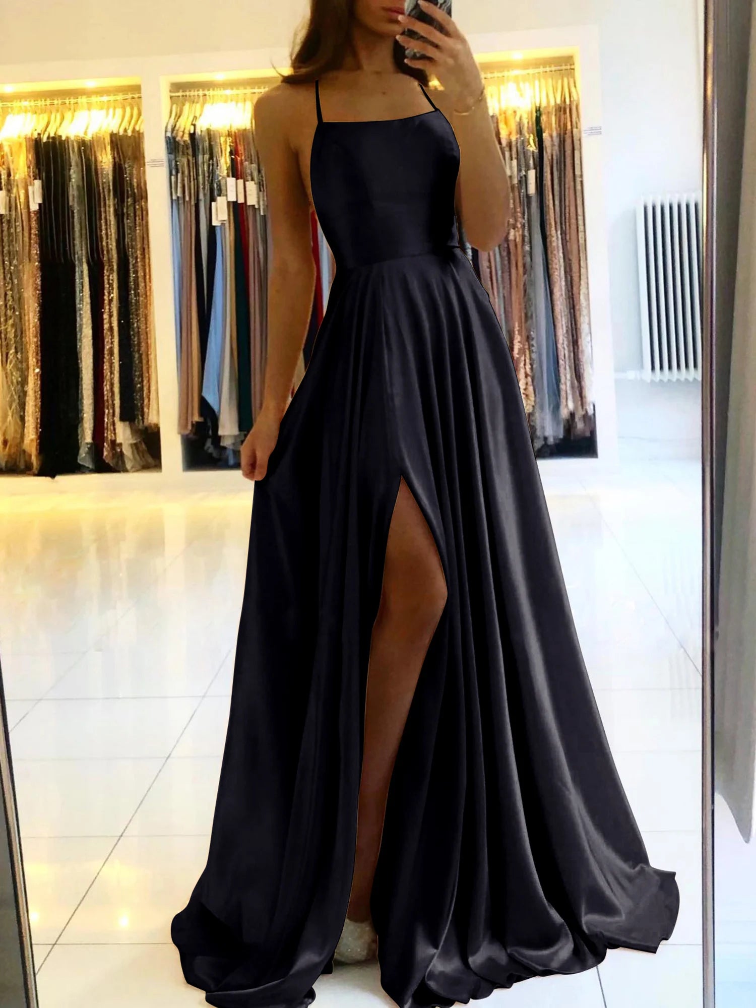 Satin Maxi Flared Dress Sexy Bridesmaid Dress Open Back A Line Wedding Evening Gown with Train-Dollar Bargains Online Shopping Australia