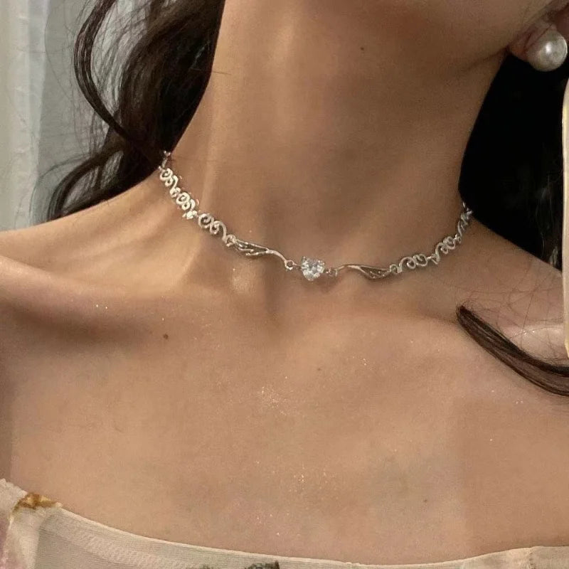 Y2K Silver Color Irregualr Choker Necklace for Women Girls Love Heart Crystal Clavicle Chain Necklace-Dollar Bargains Online Shopping Australia