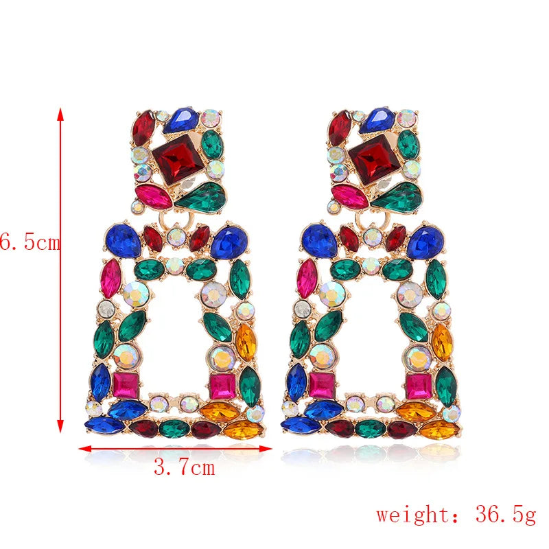 Boho Ethnic Colorful Crystal Clip on Earrings Women's Big Geometric ZA Statement Non Pierced Long Dangle Earrings Jewellery-Dollar Bargains Online Shopping Australia