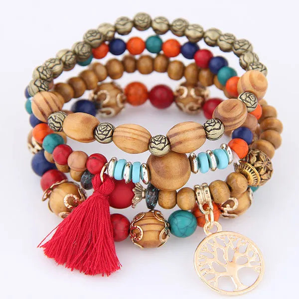 Bohemian Pink Crystal Beads Heart Charm Bracelets Women Girls Ethnic Tree Of Life Charm Wrap Bracelet-Dollar Bargains Online Shopping Australia