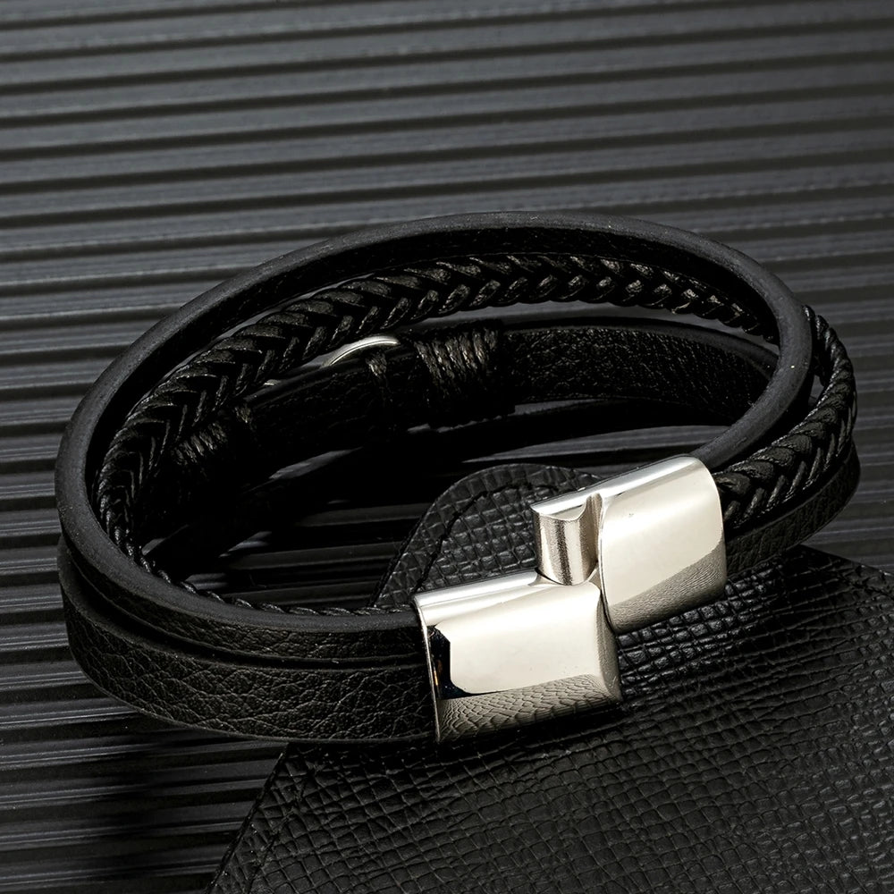 Classic Men Infinity Bracelet Woven Multilayer Braided Leather Bracelets For Women Black Stainless Steel Jewelry Gifts-Dollar Bargains Online Shopping Australia