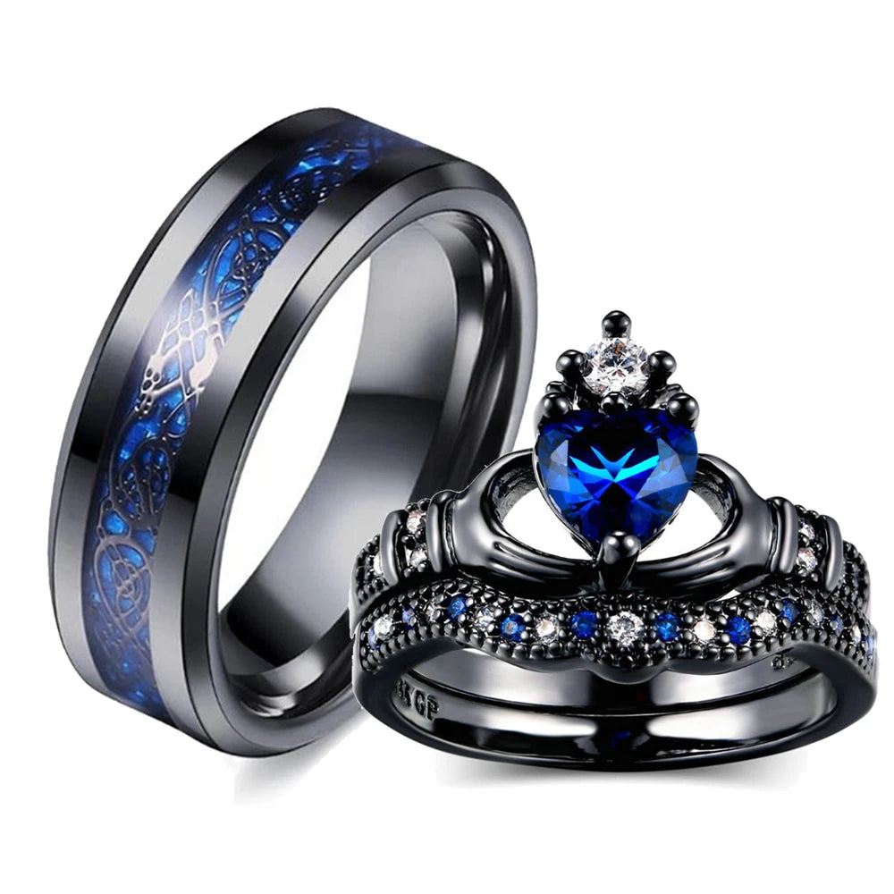 Charm Couple Ring Men's Stainless Steel Celtic Dragon Ring Blue Zircon Women's Ring Sets Valentine's Day Wedding Band Jewelry-Dollar Bargains Online Shopping Australia