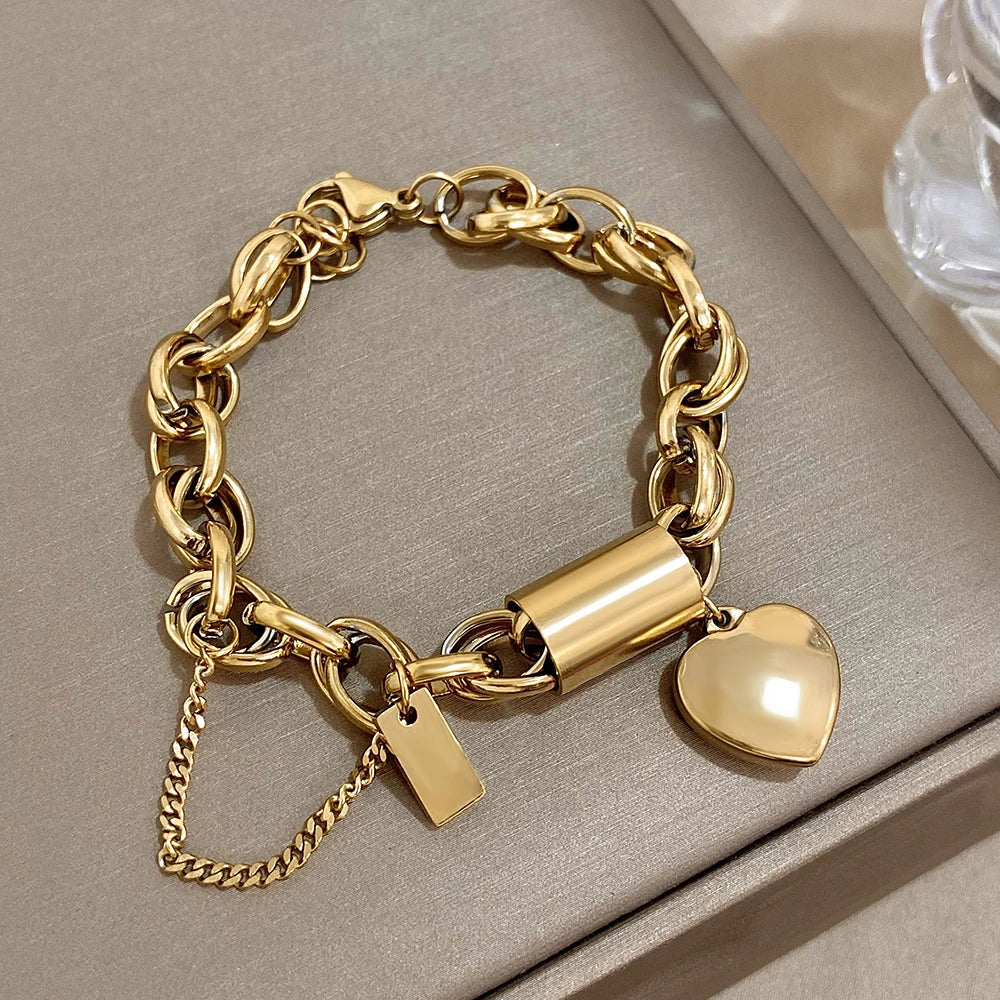 Heart Lock Stainless Steel Charm Bracelet Chunky Gold Plated Chain Love Bracelets Christmas Valentine Gift-Dollar Bargains Online Shopping Australia