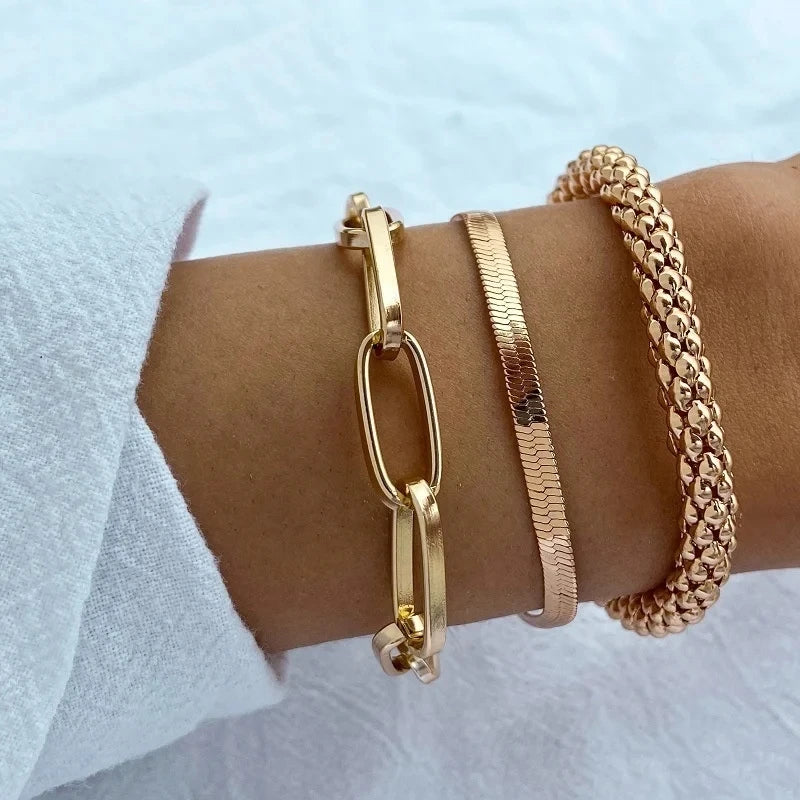 4pcs Punk Curb Cuban Chain Bracelets Set for Women Simple Thick Gold Color Charm Bracelets Fashion Jewelry Accessories New-Dollar Bargains Online Shopping Australia