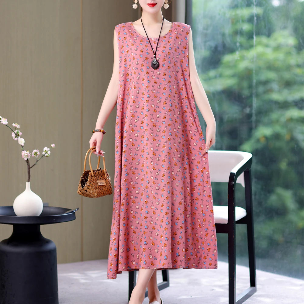 Vintage Summer Dress Vestido Print Natural Regular Sleeveless O-neck Cotton Dresses Women Clothing Plus Size-Dollar Bargains Online Shopping Australia