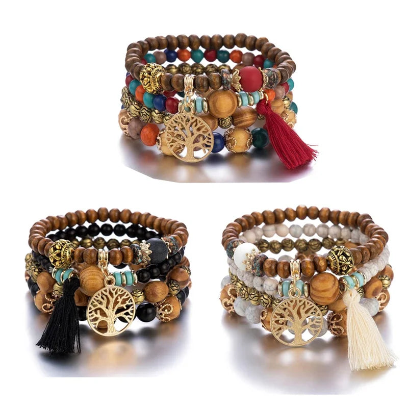 4Pcs Bohemia Tree of Life Charm Beaded Bracelet Set for Women Tassel Multi Layer Beads Leaf Pendant Jewelry Jewelry Accessories-Dollar Bargains Online Shopping Australia