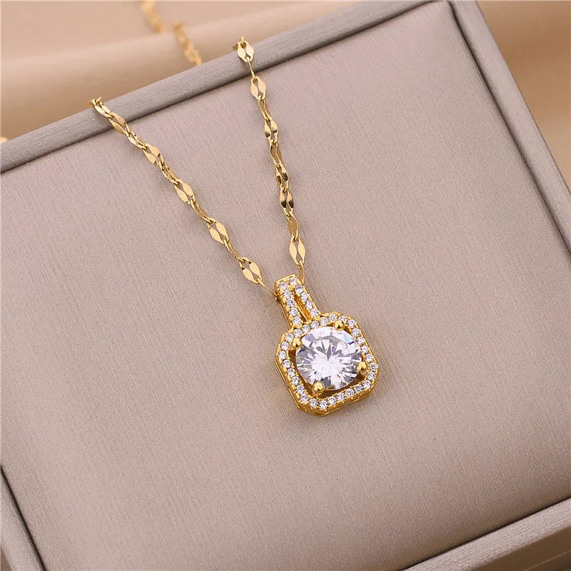 Zircon Crystal Pendant Clavicle Chain Necklace For Women Stainless Steel Jewelry Female Wedding Party Accessorie-Dollar Bargains Online Shopping Australia