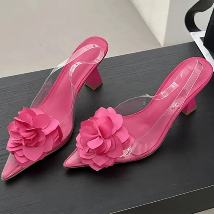 Women's Silk Flower Decorative Single Shoes Transparent PVC Pointed Slingbacks High Heels Party Dress-Dollar Bargains Online Shopping Australia