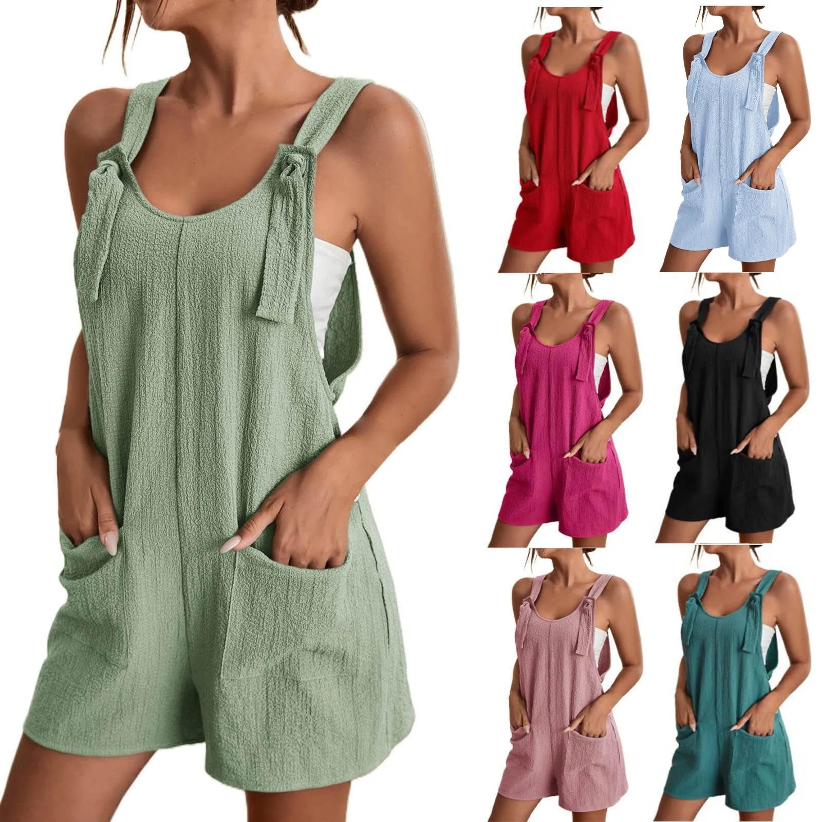 Women's Tie Shoulder Overall Shorts Scoop Neck Romper Jumpsuit With Pocket jumpsuit women-Dollar Bargains Online Shopping Australia