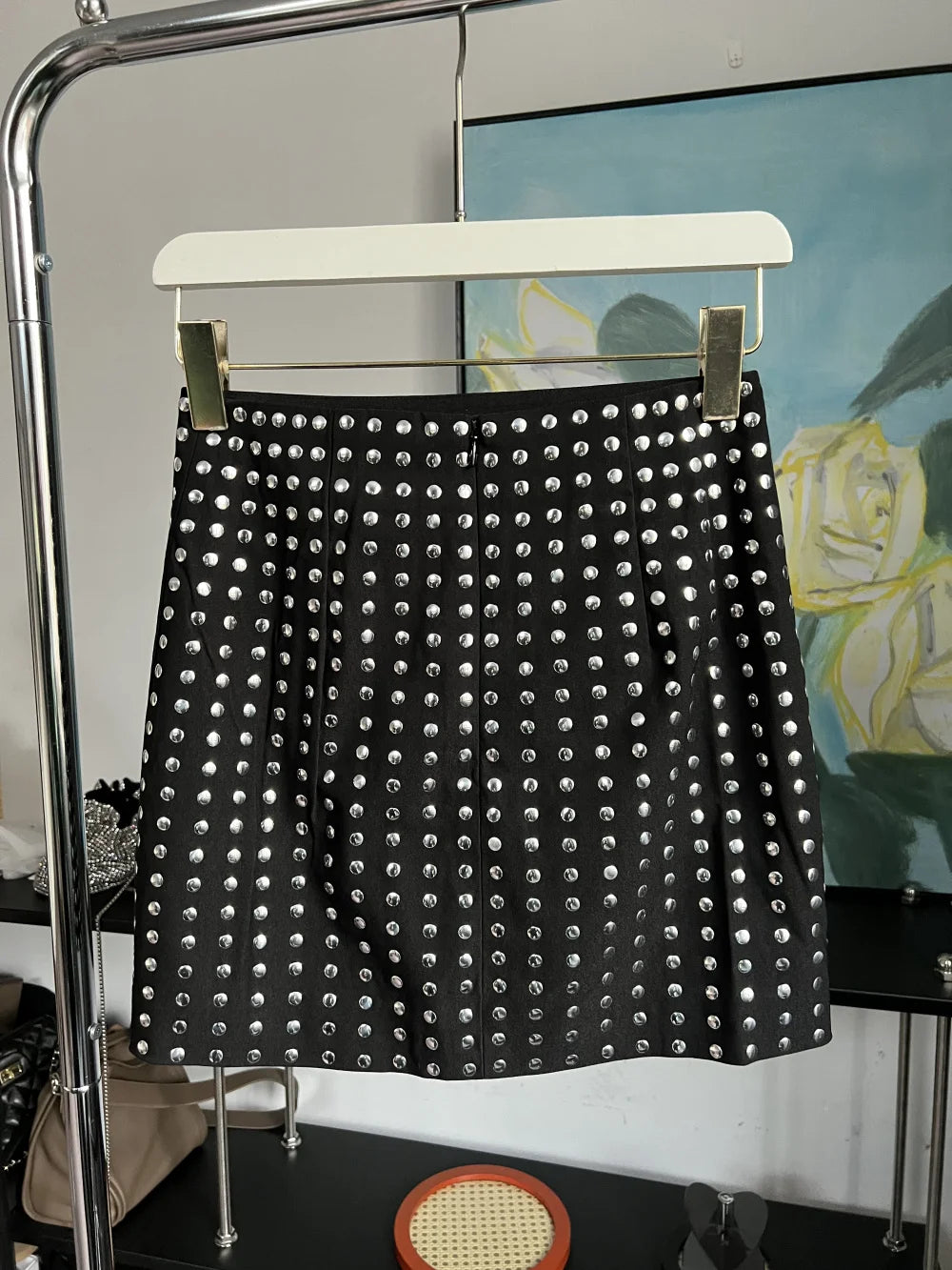 Studded skirt Heavy rivets decorated A-line version of high Fanny pack hips mini black skirt-Dollar Bargains Online Shopping Australia